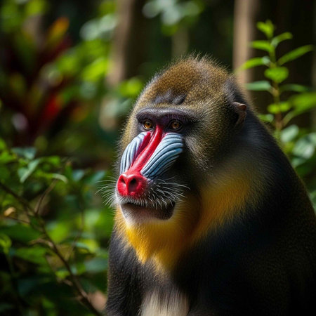 Close-up of a mandrill with striking red, blue, and yellow facial features in a natural setting