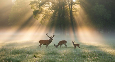 Deer family in misty field with sunbeams, trees, and green grassの写真素材