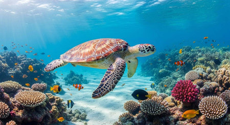 Sea turtle glides through ocean with fish and coral reef in background, sunlight shining through...