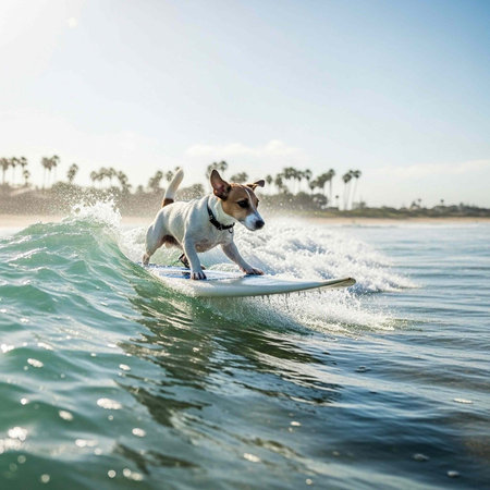Small dog surfing on white board in turquoise water with palm trees and clear blue sky