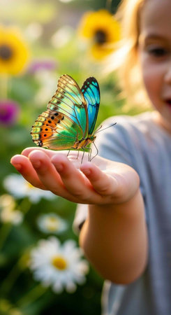 A child holds a colorful butterfly with flowers in the background on a sunny dayの写真素材