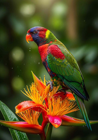 A rainbow-colored parrot sits on an orange flower with yellow stamens and green leaves in a blurred...