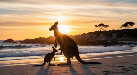 A kangaroo and joey stand on a beach at sunset, silhouetted against a vibrant orange sky with waves.の写真素材
