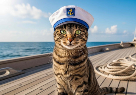 Tabby cat in sailor hat sitting on wooden boat deck with rope and ocean background