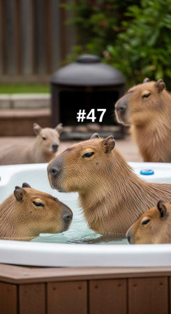 Group of capybaras enjoying a hot tub with wooden surroundings and lush greenery nearbyの写真素材