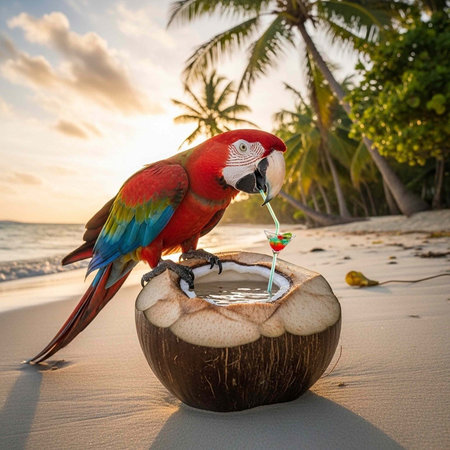Vibrant macaw parrot drinking from cocktail glass in coconut shell on sandy beach at sunset