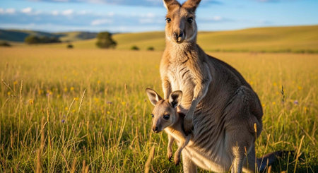 A kangaroo with a joey in her pouch stands in a lush green field with hills and blue sky