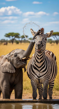 Elephant sprays water on zebra at a watering hole in a sunny savanna