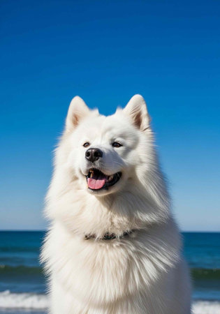 Close-up of a smiling white dog with a blue sky and ocean waves behind it