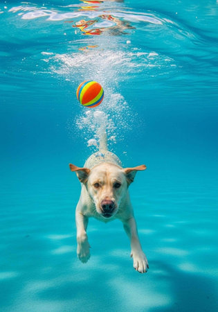 Yellow labrador dog swimming underwater towards camera with ball and bubbles
