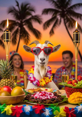 Goat wears red sunglasses and lei, surrounded by food, drinks, and friends at beachside luau
