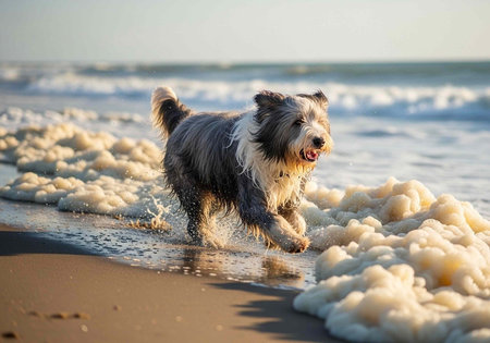 Dog with gray and white fur runs along beach with foamy waves and wet sand