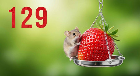 A small mouse stands on a scale holding a large strawberry with a green background and red numbers.