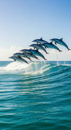 A group of dolphins jumping out of the ocean, creating a splash in the blue water