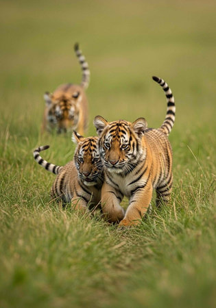 Tiger cubs, two in front and one behind, running and playing in a green grassy field