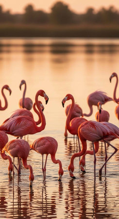 Flock of pink flamingos standing in shallow water, feeding and interacting, with warm sunset reflections.の写真素材