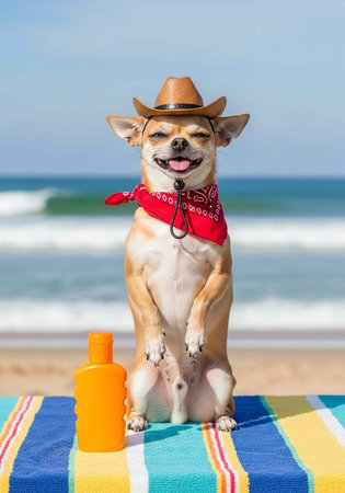 Small tan and white dog in cowboy hat and red bandana sitting on colorful beach towel with sunscreen