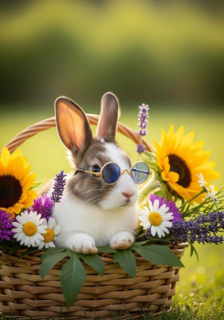 Rabbit wearing sunglasses in a basket with sunflowers, daisies, and lavender on a green grassy...