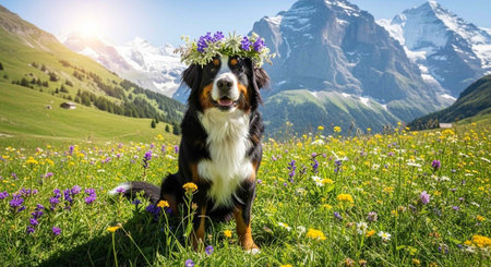 Happy dog with flower crown sitting in green meadow with purple, yellow, and white flowers