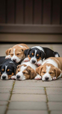 Six cute beagle puppies sleeping on a stone floor in different colors and patterns