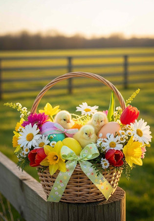 Woven basket filled with Easter eggs, chicks, and flowers, placed on a wooden fence post in a field