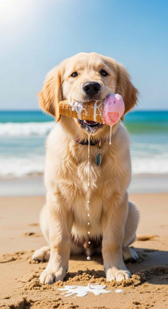 Cute golden retriever puppy sitting on beach with ice cream cone and pink ice cream ball