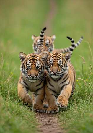 Tiger cubs with orange and black stripes walking on a dirt path surrounded by green grass