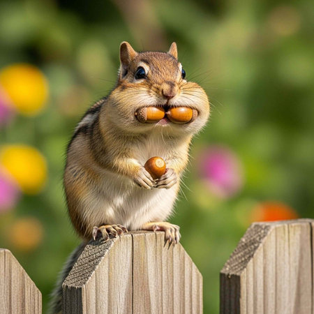 Chipmunk holds three nuts on fence with colorful flowers and greenery in blurred background