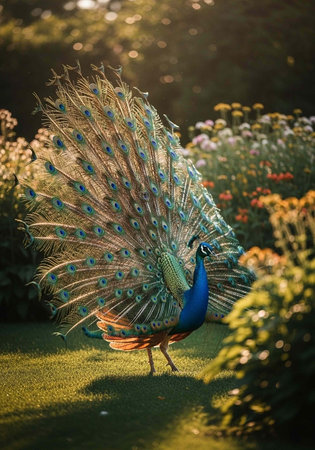 Peacock standing on grass with spread tail feathers, surrounded by flowers and greenery in sunlight