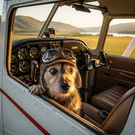 Dog in brown leather aviator hat and goggles sits in airplane cockpit with open windowの写真素材