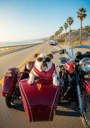 Dog in sidecar wearing sunglasses and bandana on motorcycle by ocean with palm trees