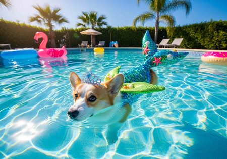 Corgi dog in mermaid tail and tiara swims in pool with floats and palm trees in background on sunny...