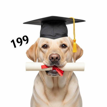 Yellow labrador dog in graduation cap holds diploma with red ribbon in front of white background