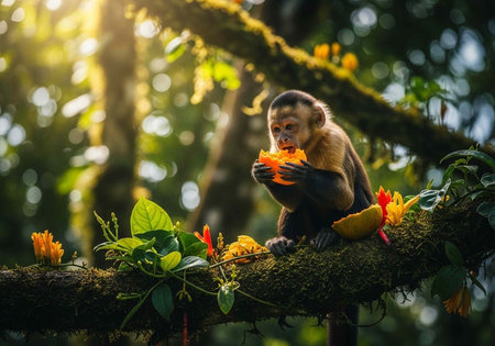 Monkey eats orange flower on mossy branch surrounded by greenery and colorful blooms in forest