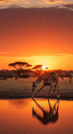 Giraffe bending to drink from a waterhole at sunset with trees and reflection in savannahの写真素材