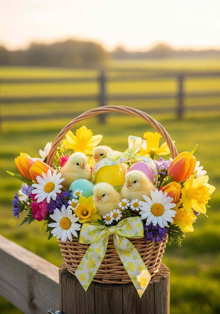 Colorful Easter basket with chicks, flowers, and eggs on a fence post in a green field
