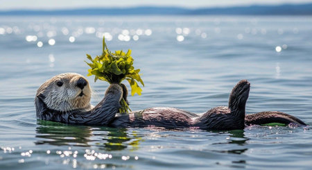 Sea otter in water, holding seaweed, floating calmly with playful expression, surrounded by ripples and sunlightの写真素材