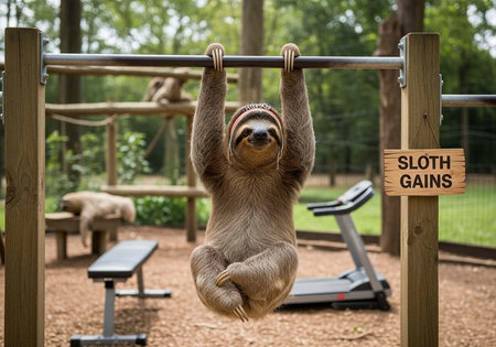 Sloth exercising on pull-up bar in outdoor gym with wooden structures and fitness equipment