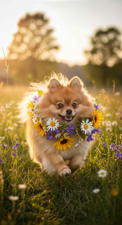 Happy small dog with flower wreath running through grassy field with sunflowers and wildflowersの写真素材