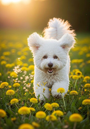 Happy white dog running in a field of yellow dandelions with green grass and sunlight