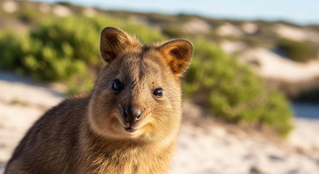 Quokka with brown fur and perked ears looks directly at camera in outdoor setting
