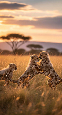 Cheetahs play and interact in a grassy field with trees and a colorful sunset sky in the distance
