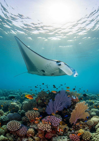 Large manta ray glides above diverse coral reef with small fish in clear blue ocean waterの写真素材