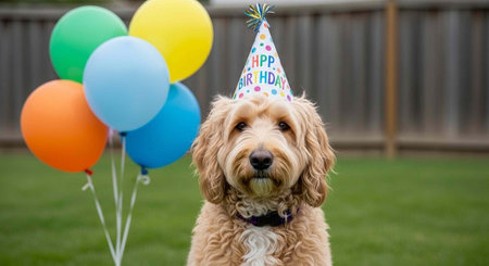 Dog in party hat with balloons in yard