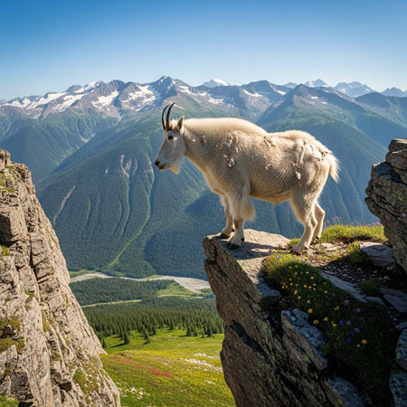 A white mountain goat stands on a rocky cliff edge overlooking a scenic valley and snow-capped mountainsの写真素材