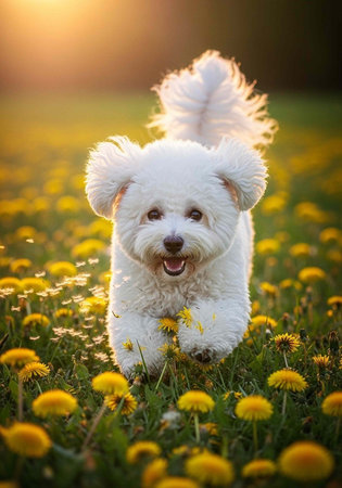 Small white dog with fluffy fur running through a field of yellow dandelions