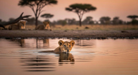Lioness in water, looking forward, with trees and other lions in background at duskの写真素材