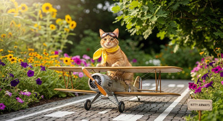 Cat wearing goggles and scarf sits in wooden toy plane on brick pathway amidst vibrant flowers