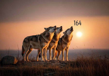 Wolves standing on a rock, howling at the sun, with dry grass and a serene orange background