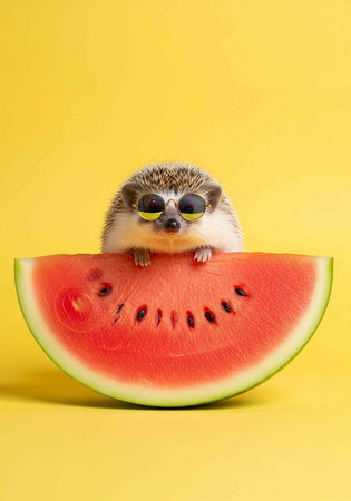 Small hedgehog with sunglasses on a watermelon sliceの写真素材